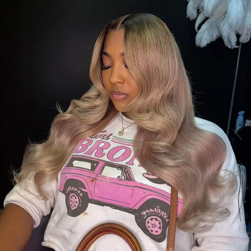 32Inch Ombre Brown Roots Ash Blonde Wigs Human Hair 13x6 Body Wave Hd Transparent Pre-Cut Lace Drawstring Wig for Women 180% Density Colored Wigs Pre Plucked with Baby Hair