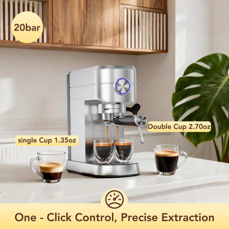 COWSAR 20 Bar Espresso Machine, Professional Espresso Maker with Milk Frother Steam Wand, Compact Stainless Steel Coffee Machine with 40.5oz Removable Water Tank for Cappuccino, Latte