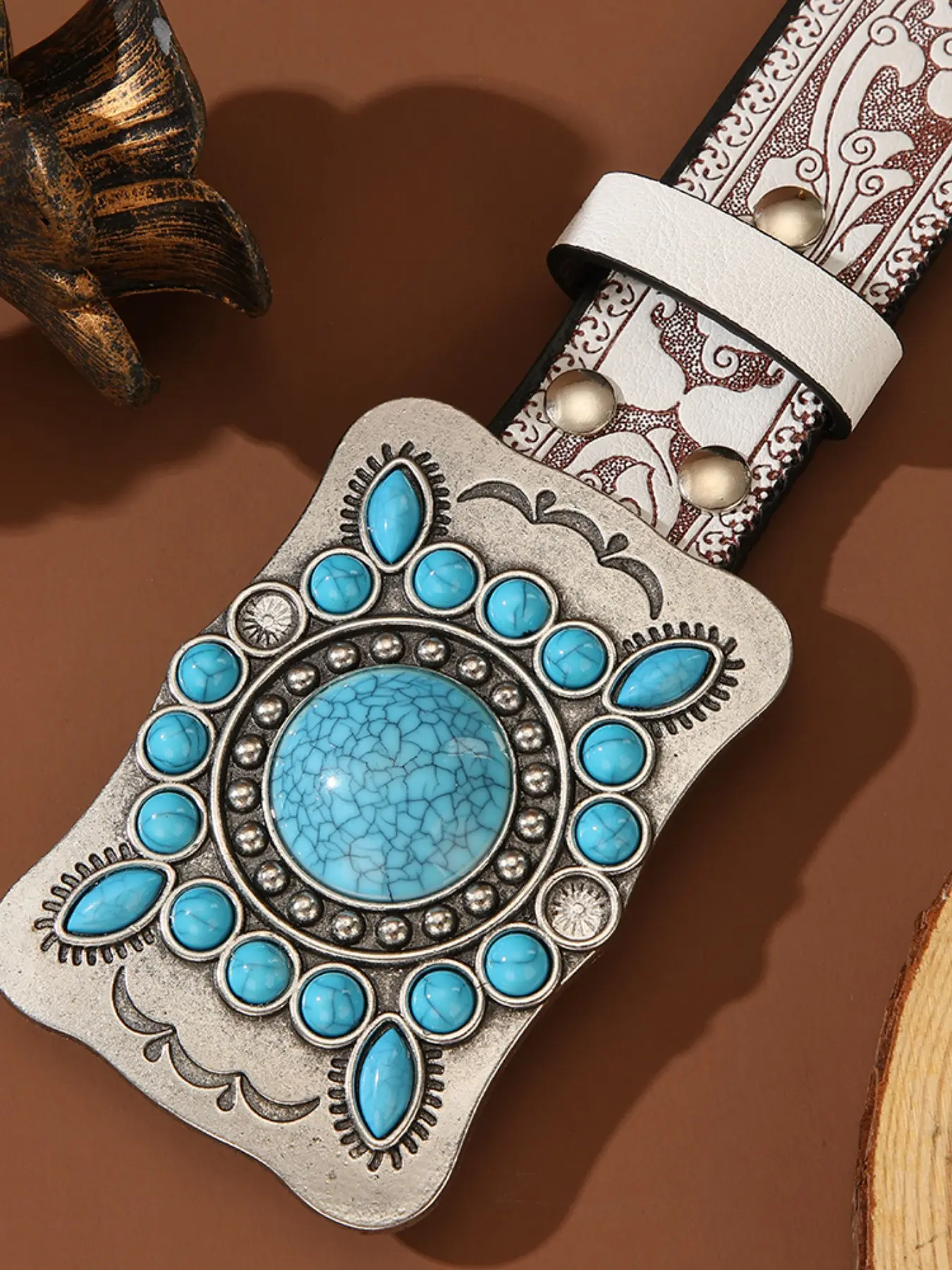 Western Style Turquoise Buckle Floral Embossed Belt, Western Belts, Vintage Boho Cowboy Fashion Unisex Waistband, All Seasons PU Leather Belt