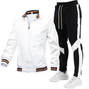 Men's Streetwear Tracksuit Set, Printed Patchwork Zip-Up Jacket and Jogger Sweatpants for Running and Casual Sport