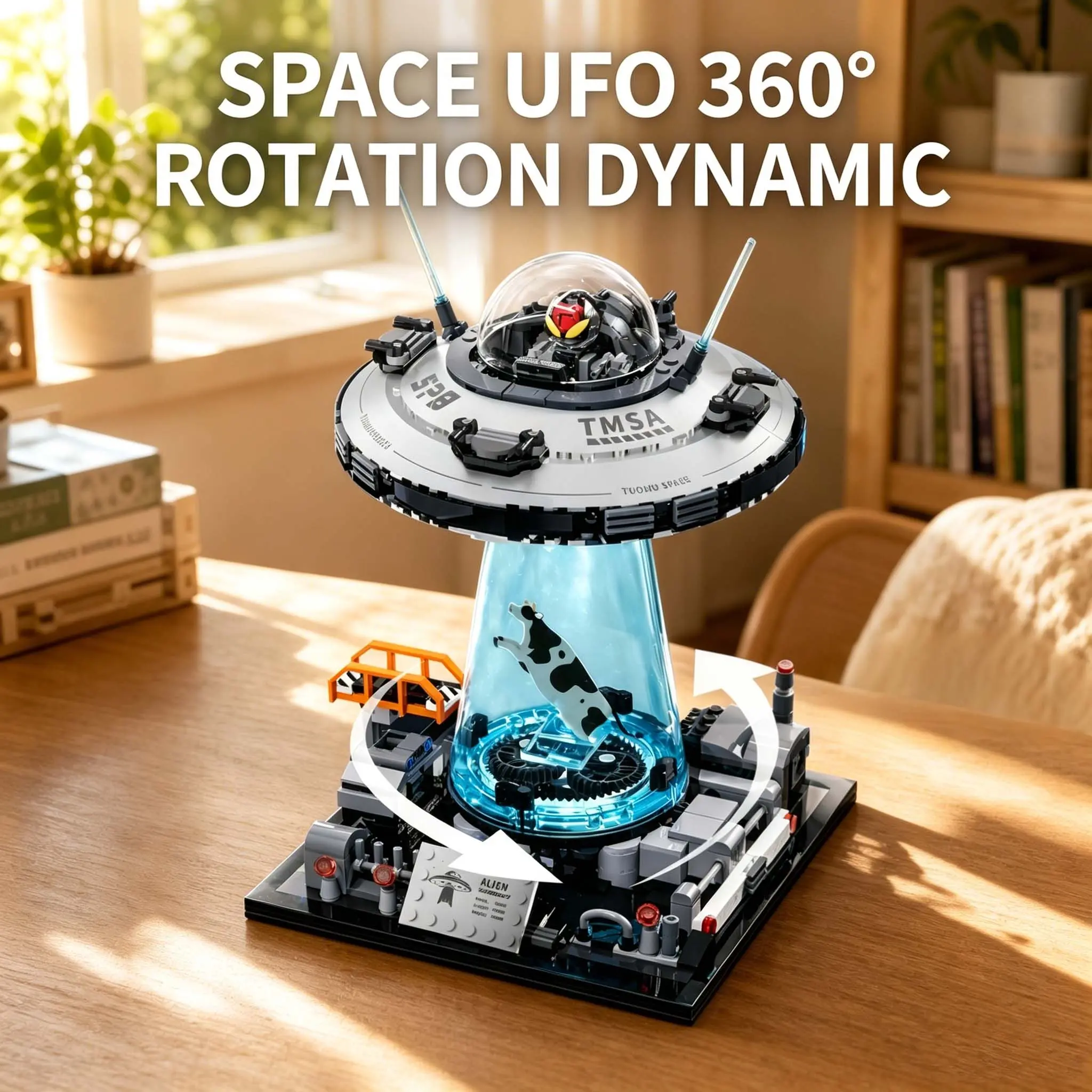 UFO Building Block Kit with Motorized Rotation and LED Light, Dynamic Alien Abduction Scene Model, DIY Space Assembly Toy, Sci-Fi Desk Display Decor, Birthday Christmas Gift for Kids Teens Adults