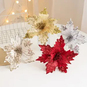 Artificial Glitter Christmas Flower, 1 Count/2 Counts Faux Christmas Flower, Decorative Flower for Home Party Wedding, Festive & Party Supplies