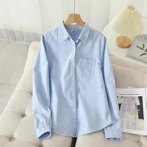 Casual Cotton Women's Oxford Shirt 2024 Autumn New Good Quality Woman Blouse and Tops Lady White Blue Striped Shirts Clothes Womenswear Gamis