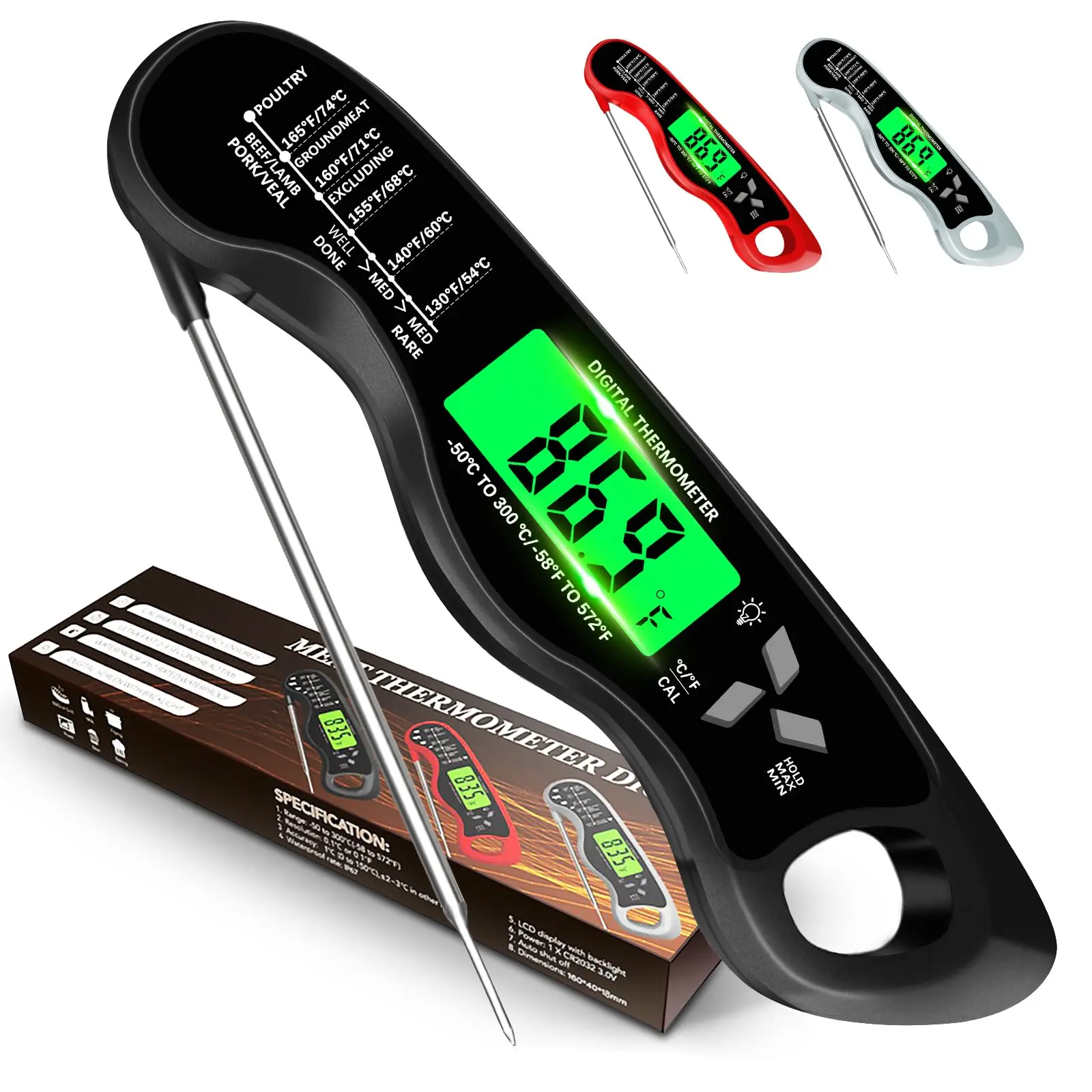 Cooking Thermometer,IP67 Waterproof Digital Meat Thermometer with Backlight, Calibration & Hold Function，Food Thermometer for Cooking,Outdoor Grilling,Candy Making Hanging Kitchen Stainless Steel Utensils Thick