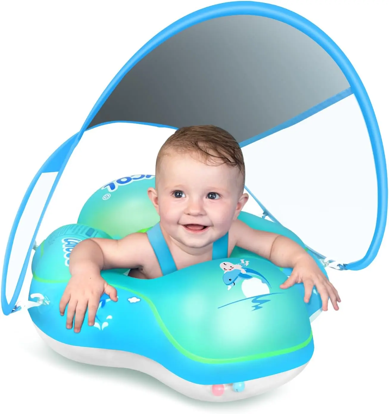 Inflatable Baby Pool Float with Sun Protection Canopy, Anti-Flip Design, Double Air Chambers, Tail Attachment, Swimming Pool Accessories for 3-36 Months