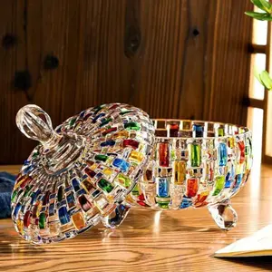 Glass Candy Jar, 1 Count Colorful Mosaic Pattern Glass Candy Bowl with Lid, Durable Glass Snack Storage Box for Home Office Dormitory School, Containers, Glass Food Storage