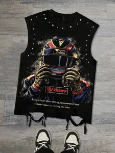 Broken hole Y2K helmet printed vest 2026 summer unisex sleeveless Fitted t-shirt with portrait pattern vest shirt European and American streetwear fashion brand fashionable casual Top vest men's American retr Breathable