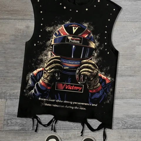 Broken hole Y2K helmet printed vest, Breathable Sleeveless Tops, summer unisex sleeveless with portrait pattern European streetwear men's vest