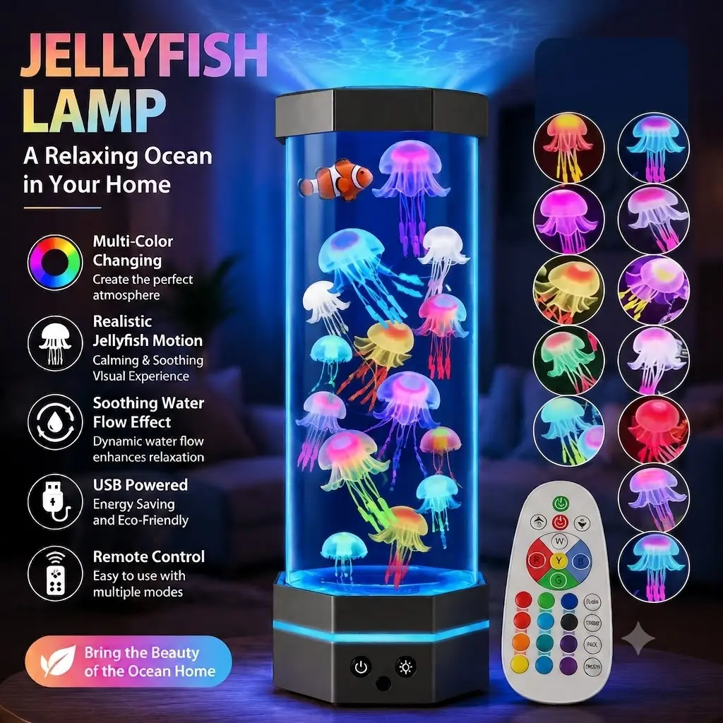 Jellyfish Lamp Large Hexagonal Sensory Night Light with Color Changing LED Beads Simulation Aquarium Tank Calming Light for Anxiety Stress Relief Bedroom Office Desk Home Ambient Decor Summer Home Decor Christmas Gift Prep for Men Women