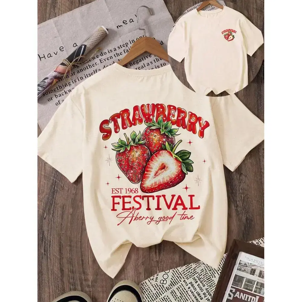 INAWLY Summer Fruit T-Shirt, Strawberry T-Shirt, “Good Times” slogan print women’s T-shirt, strawberry pattern women’s T-shirt