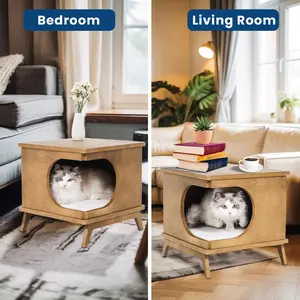 Wooden Cat Bed End Table – 15.7"x15.3"x15.7" Modern Cat Furniture for Bedroom & Living Room – Nightstand Pet House with Removable Cushion – Cat Hideaway Side Table with Natural Wood Finish