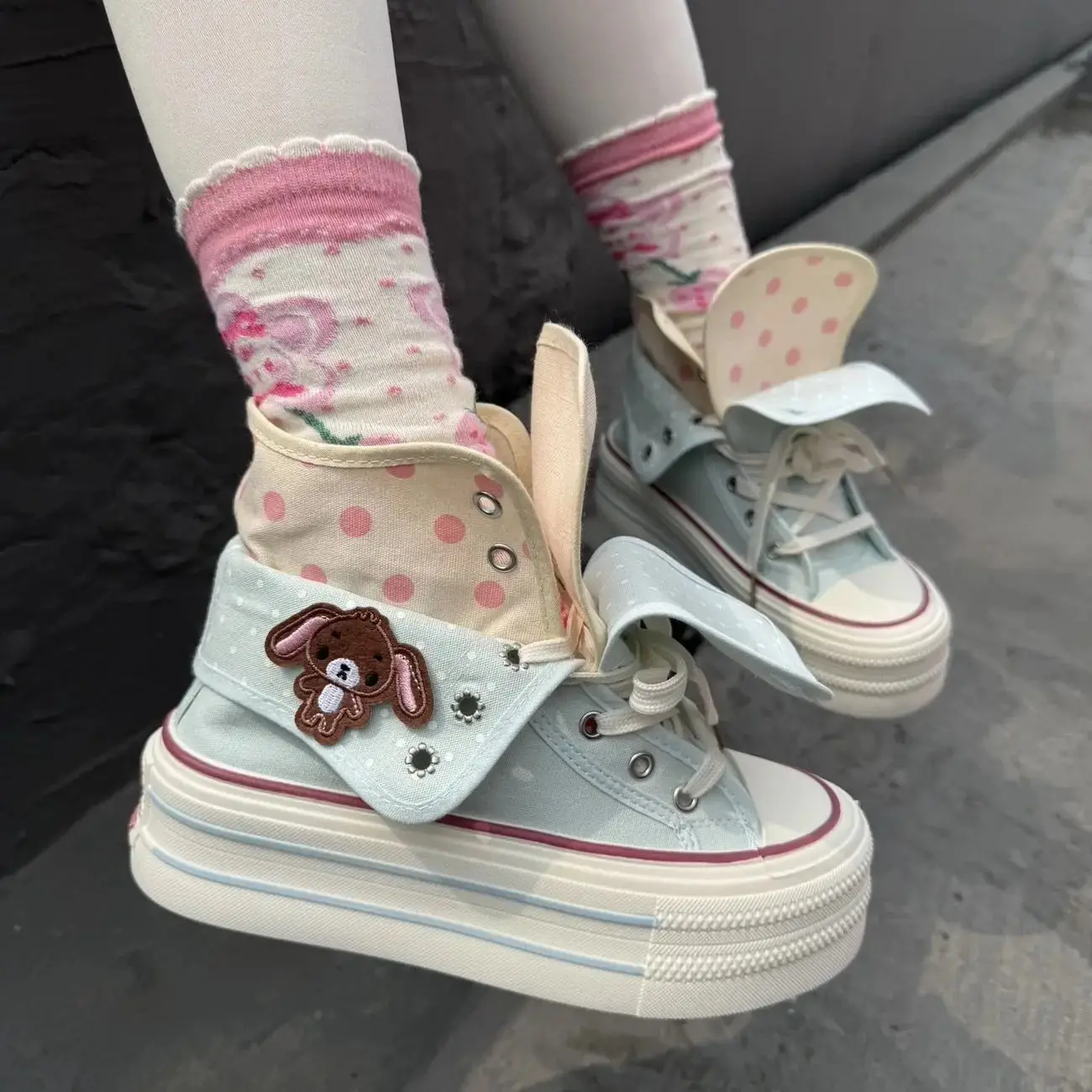 Women's Summer Sports Shoes Japanese Cute Platform High-top Canvas Shoes for Girls Design Polka Dot Embroidered Cartoon Sneakers