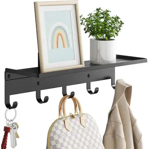 Wall Shelf with Hooks, Metal Coat Rack Wall Mounted with 5 Hooks, 17 Inch Length Entryway Coat Hangers Storage Clothes, Bags, Purse,  for Living Room, Bedroom, Black