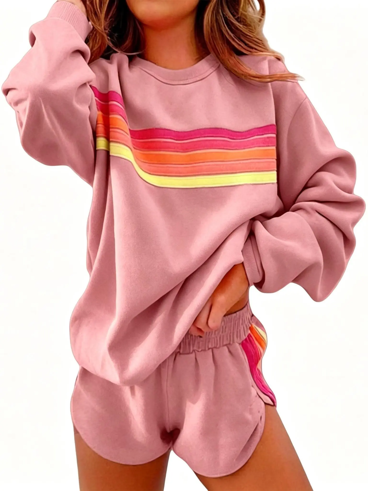 Women's 2-Piece Loungewear Set, Rainbow Stripe Long Sleeve Crew Neck Sweatshirt and Shorts, Loose Fit Stretchy Soft Cotton Blend, Casual, Elastic, Round Neck, Everyday, Fabric