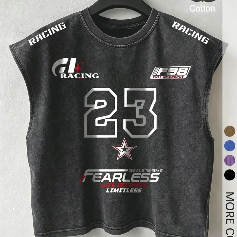 1 Pc Men's Vintage Racing Print Sleeveless Muscle Tank Top, Casual Washed Cotton Top, Sports Tops for Gym, Cycling and Daily Wear, Sports Vests, Fitness Vest Top, Sleeveless Workout Vest, Round Neck Vest, Sleeveless Gym Clothing