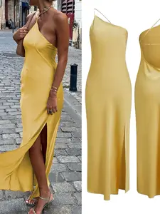 Bias Cut Asymmetrical Satin Maxi Dress with Adjustable Straps, Elegant Fitted Formal Evening Dress, High Slit Design, All Seasons Wear