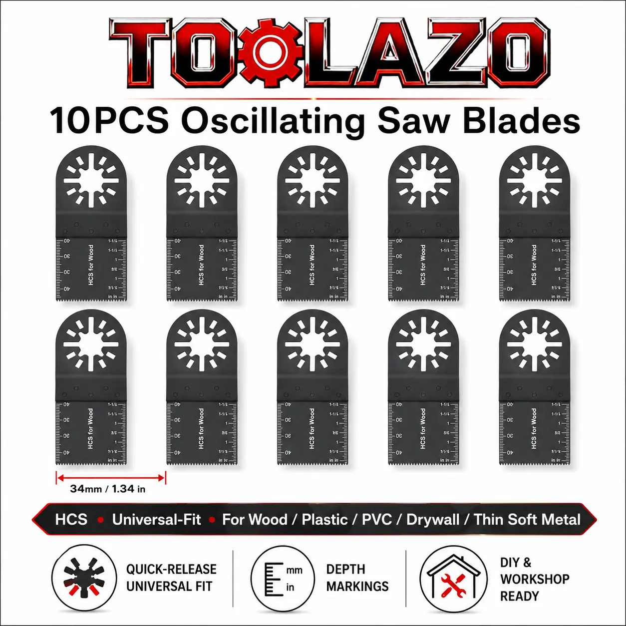 TOOLAZO 10PCS 1.34in/34mm HCS Universal-Fit Oscillating Saw Blades Set, Quick-Release Multi-Tool Blades for Wood, Plastic, PVC, Drywall, Thin Soft Metal Cutting, DIY & Workshop Repair Use battery lithium-ion max dcb200 dcd
