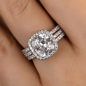Effinny 3.0ct Stunning Halo 3PCS Cushion Cut Wedding Ring Set ,5A Grade Cubic Zirconia Bridal Set in 925 Sterling Silver Promise Ring