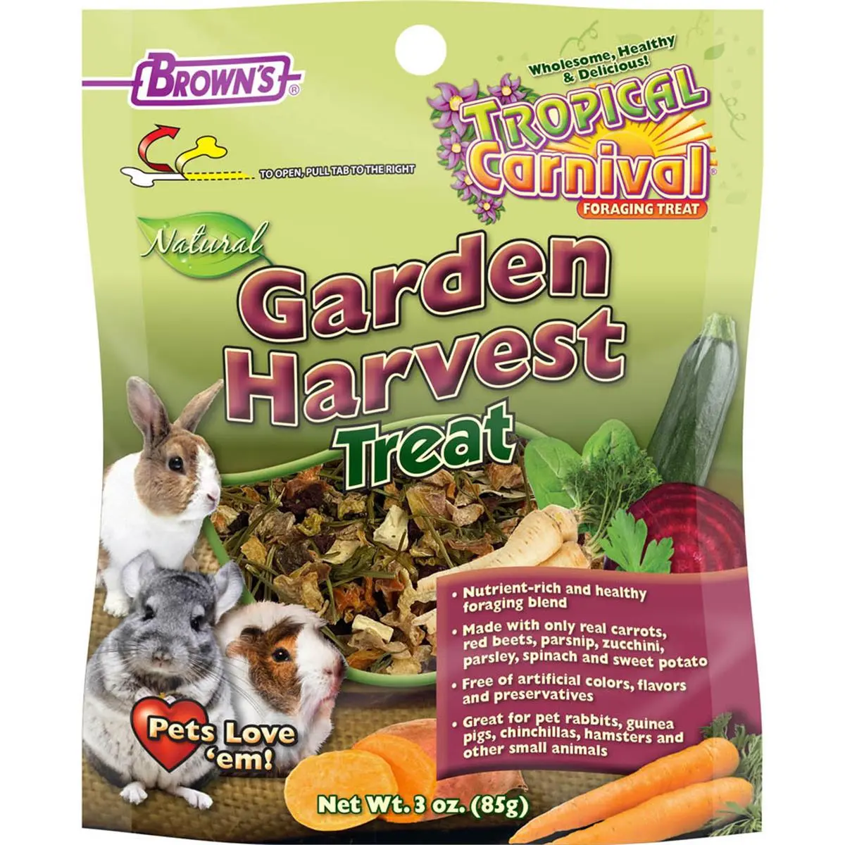 Brown's 3 oz Natural Mixed Veggies Small Animal Foraging Pouch Treat - Healthy Feeding Food and Snacks, US Garden Harvest Veggies (Zucchini, Spinach, Sweet Potato, Carrots), Nutrient-Rich Tropical Carnival Blend, Case of 8
