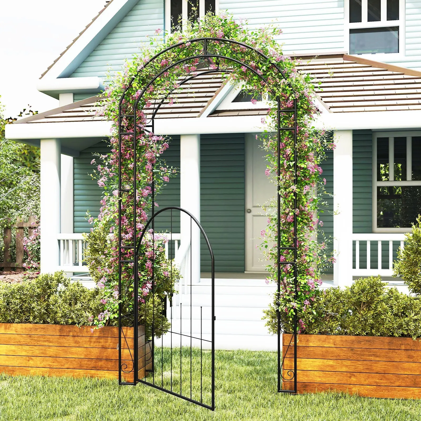 Metal Garden Arch Arbor with Gate – 84 Inch Tall Climbing Trellis for Outdoor Gardens