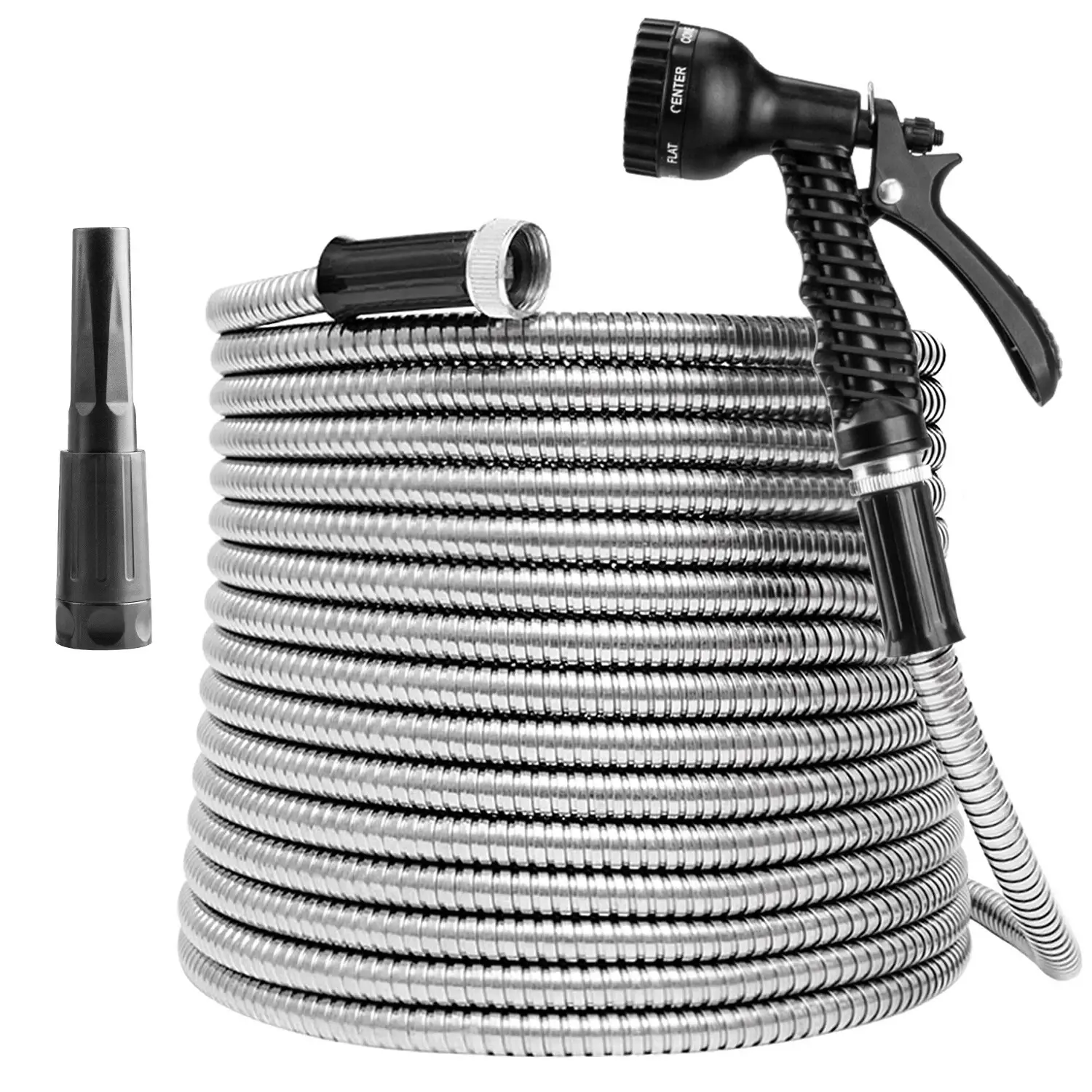 50ft 304 Stainless Steel Garden Hose - Flexible Coil, Leakproof Ends, Puncture-Resistant Home Supply with Included Spray Nozzle for Garden Watering