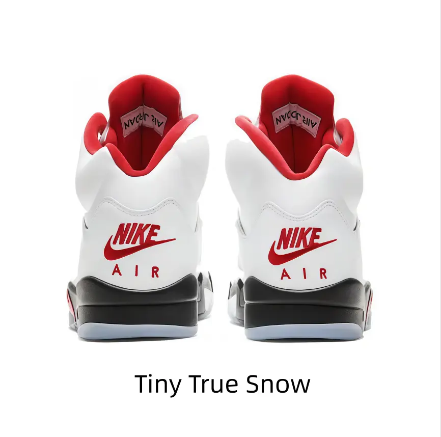 This white red black high-top retro basketball sneakers adopt smooth full-grain leather, red padded inner collar and classic red Nike AIR logo on heel, ideal for street fits, casual daily walks and all-year sports training