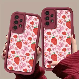 Cute And Sweet Strawberry Bow Pattern Phone Case for Various Galaxy Models Including A01, A02S, A03, A10S, A11, A12, A13, A14 5G, A20S, A21S, A22, A23, A30S, A31, A32, A34, A50, A51, A52, A52S 5G, A53 5G, A54 5G, A70, A71, Suitable for iPhone 17 Air
