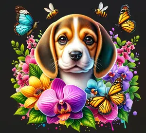 Cute Dog and Flowers Ready-to-Press Heat-Resistant DTF Transfer - DTF Film for Heat Press, 300-320°F for Cotton & Blends, 270-290°F for Polyester, Firm Pressure, Included Instructions