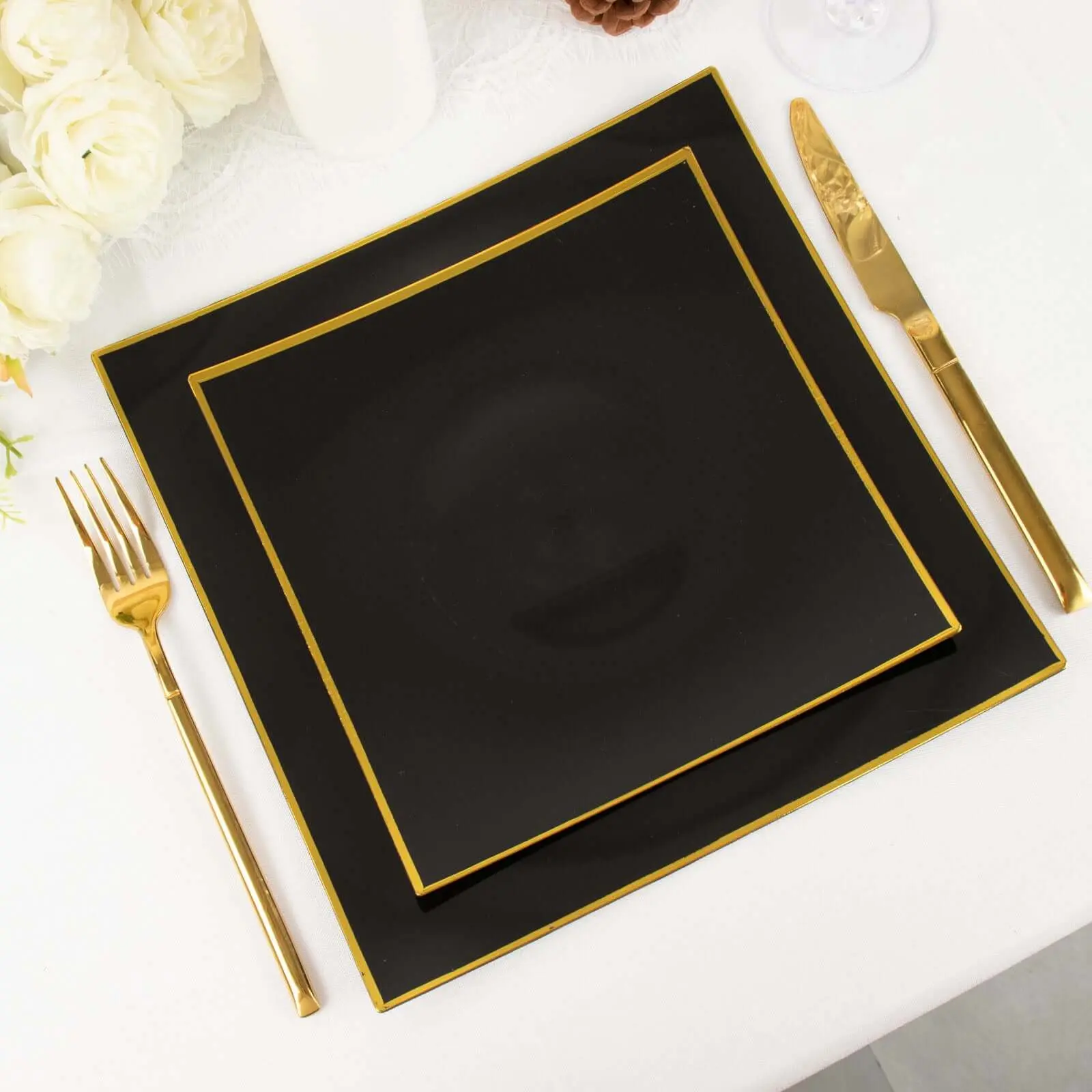 10-Pack 8" Disposable Plastic Square Dessert Plates - Black Concave Style with Gold Rim, Elegant Disposable Dinner Plates for Salad, Appetizer Parties, Elegant Plastic Plates