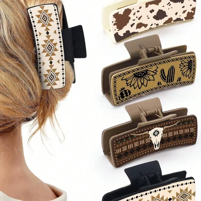 Western Leather Claw Clip With Sunflower Flower, Southwest Cow Print Leather Hair Accessory, Large Hair Clip, Western Cowgirl Supplies, Gift For Women And Girls, Boho Hair Clip, Hair Accessory, Hair Claws, Autumn/Winter Holiday