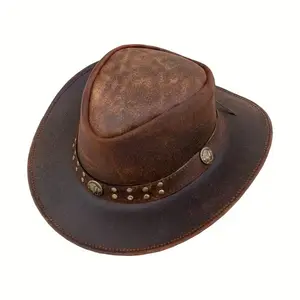 1pc SideWinder Australian Cowboy Leather Hat Unisex Adult For Men And Women Shapeable Outback Western Style Wide Brim, Lightweight Top-Grain Leather, High Quality &, Adjustable Chin Cord, Festival Accessory, Unisex Outdoor Headwear