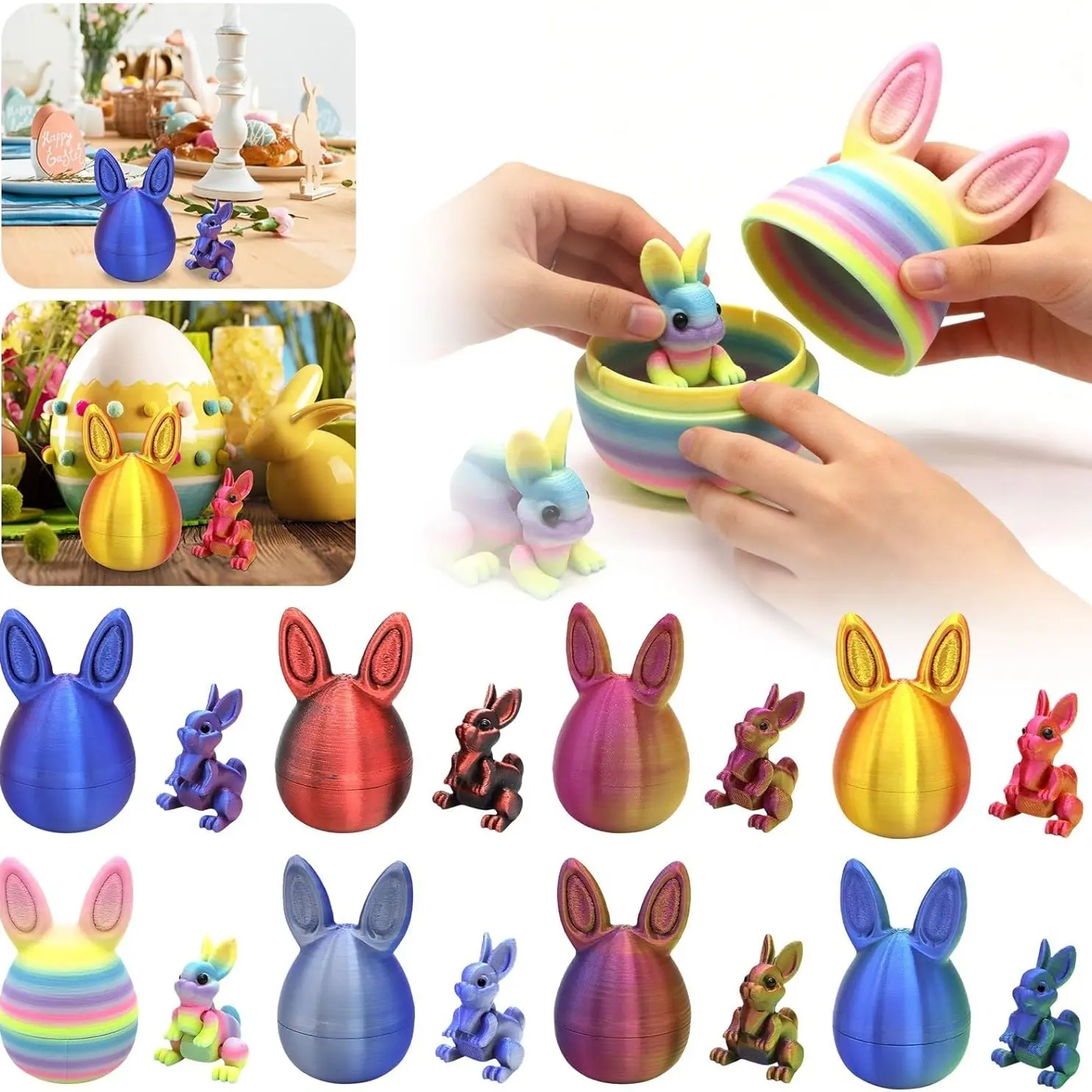 3D Printed Easter Eggs with Bunny Inside Bunny Egg, Easter Basket Stuffers,Articulated,Flexible, Articulating Animal Figurines, Collectible Figurines, Cute Collectible Figurines, Surprise Rabbit Eggs Gifts Home Executive Desk Decor