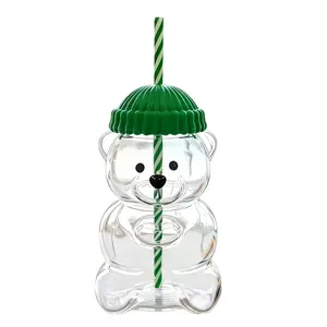 Bear-Shaped  Cup, Cute Reusable Tumbler with Lid and Straw for Coffee, Milk Tea, Birthday & Holiday Gift (Green) Plastic cup