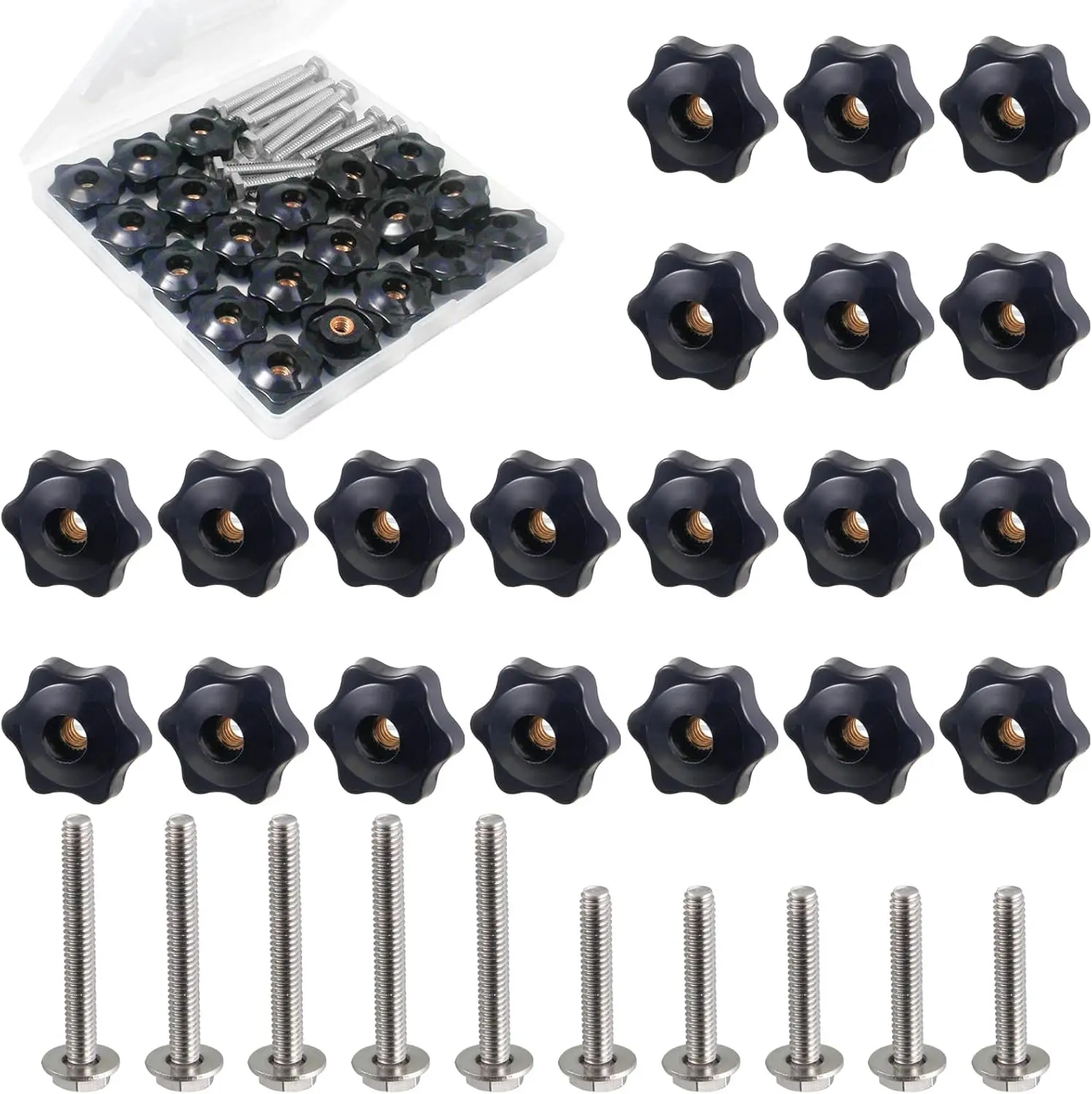 40-Piece 1/4"-20 Threads Metal T-Track Knob Kit Set, Star-Shaped Hex Thread Knobs, Smooth-Surface T-Bolts, Woodwork Fixing Home Organizer Supply Fixture Accessory, 40 Pieces