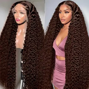 Chocolate Brown Human Hair Wig 13x6 HD Deep Wave Lace Front Wigs Human Hair Glueless Wigs Human Hair Pre Plucked Pre cut 4# Colored Deep Curly Lace Frontal Wigs for Women