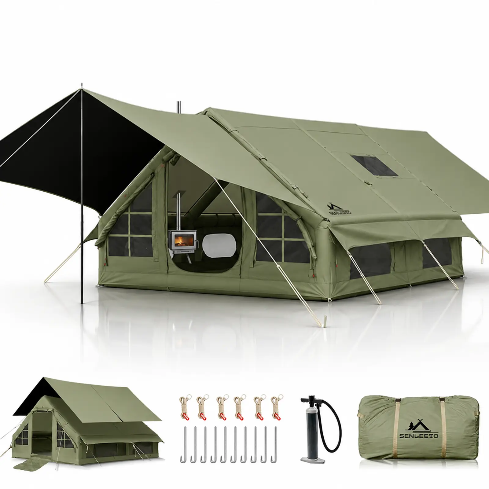 SENLEETO 129 Sq Ft Inflatable Glamping Dome - 8-10 Person 4-Season Waterproof Cabin, Easy Setup Blow Up Tent with Stove Jack, Pump, Mesh Windows (Pop-Up Camping Gear)