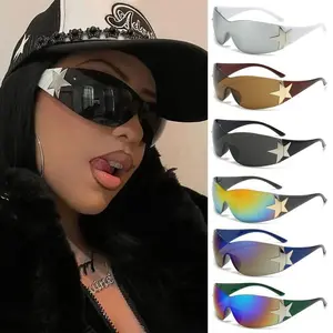 Y2K Rimless Wrap Around Sunglasses for Women & Men, Punk One-Piece Shield Shades with Star Detail, Lightweight UV Protection Fashion Eyewear for Street Style, Outdoor Sports, Festivals & Daily Wear
