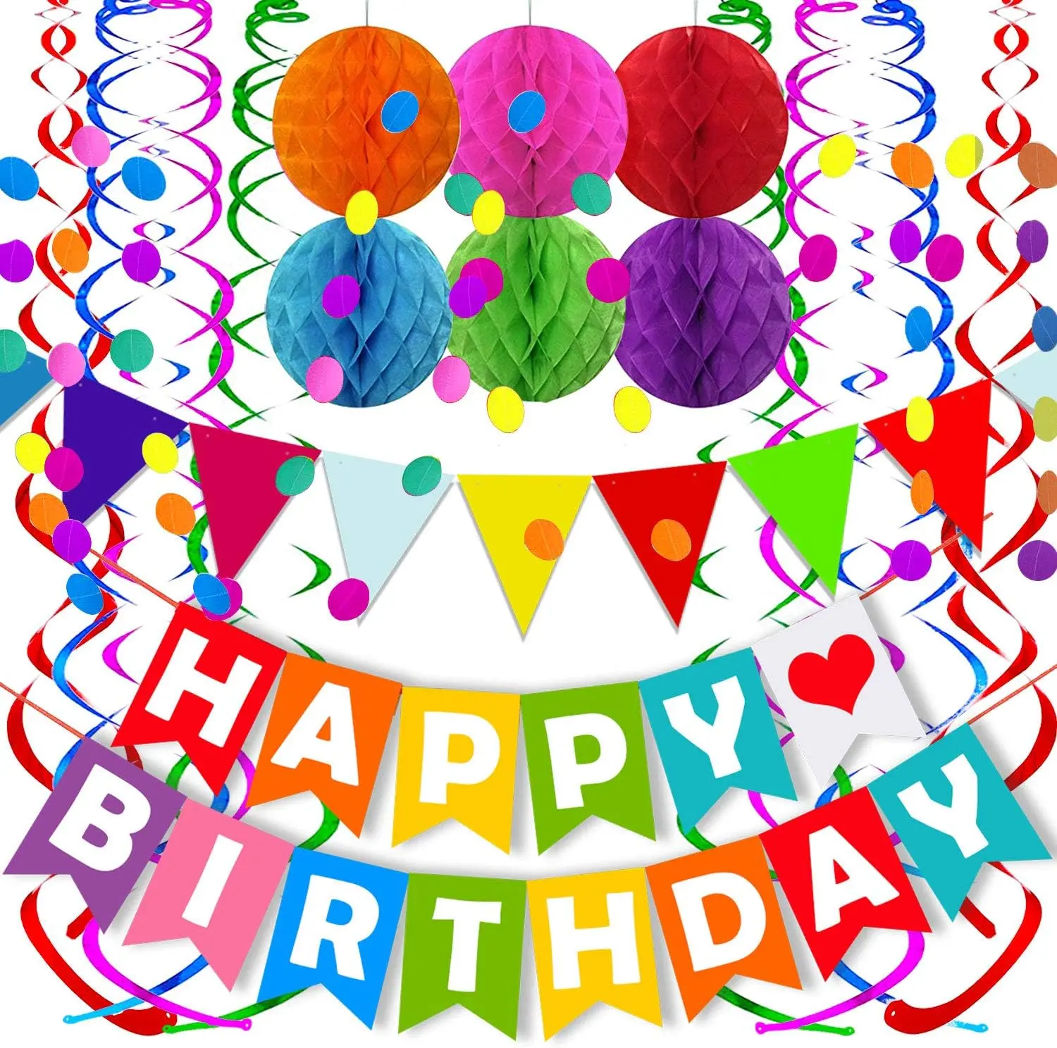 Birthday Decorations, Happy Birthday Banner, Colorful Party Decorations, Triangle Flag Bunting, Circle Dot Garland, Honeycomb Balls, Swirl Streamers, Baby Shower Party Decor