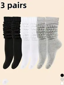 3 pairs of stylish solid color Mallard-style Ruched stacked socks, comfortable, breathable, versatile casual socks, suitable for women for home use all year round and daily sports wear
