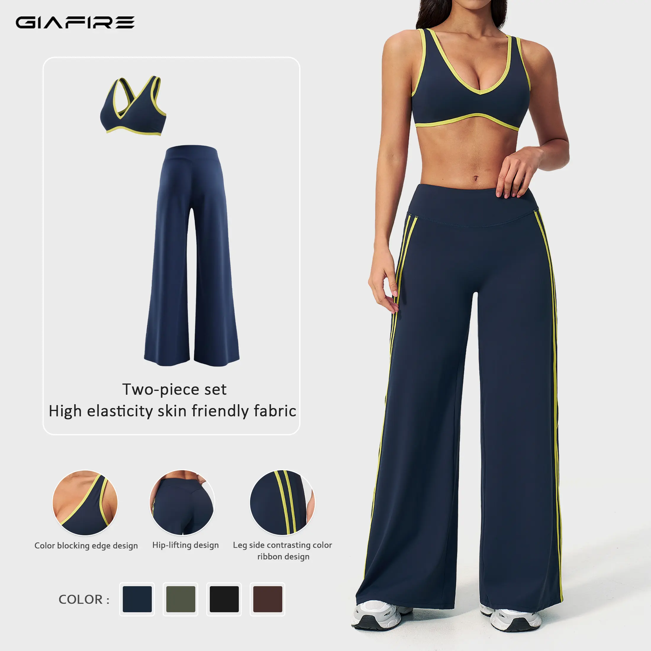 GIAFIRE Women Minimalist Line Yoga Fitness 2-Piece Outfit, Color Block Shockproof Sports Bra, High Waist Hip Lifting Wide Leg Flared Pants, High Stretch Breathable Activewear for Pilates, Gym, Outdoor Running & Daily Casual Wear