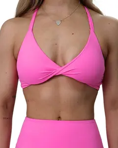 Twist Front Cross Back Sports Bra - Quick-Drying Moisture-Wicking 4-Way Stretch Nylon & Elastane Pink Top