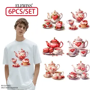 6 pieces Valentine's Day tea set hot stamping transfer, DTF transfer for hot stamping. Perfect for T-shirts, hoodies, jeans, backpacks, and pillows. Machine washable plastic. Festival gift idea.