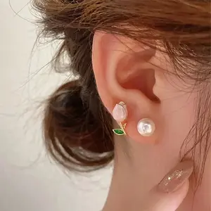 ZAKOL Fresh Rose Stud Earrings With Imitation Pearl Sweet Pink Tulip For Women Trendy Jewelry