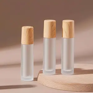 10 essential oil bottles, frosted glass bottles with stainless steel balls, wooden cover aromatic perfume bottles, outdoor portable -10ml