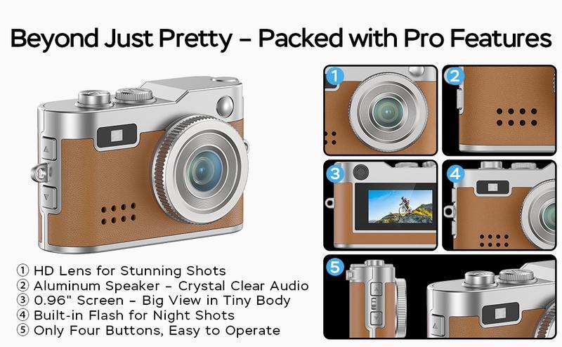 HOTU Mini Leather Keychain Digital Camera – Vintage Y2K Pocket 1080P HD Camera with 1MP Lens, Flash & 0.96" Screen, Video Recording, Type-C Charging, 32G Card Included, Retro Vlog Camera for Travel, Concerts, Kids & Instant Party NewYear Christmas Gifts