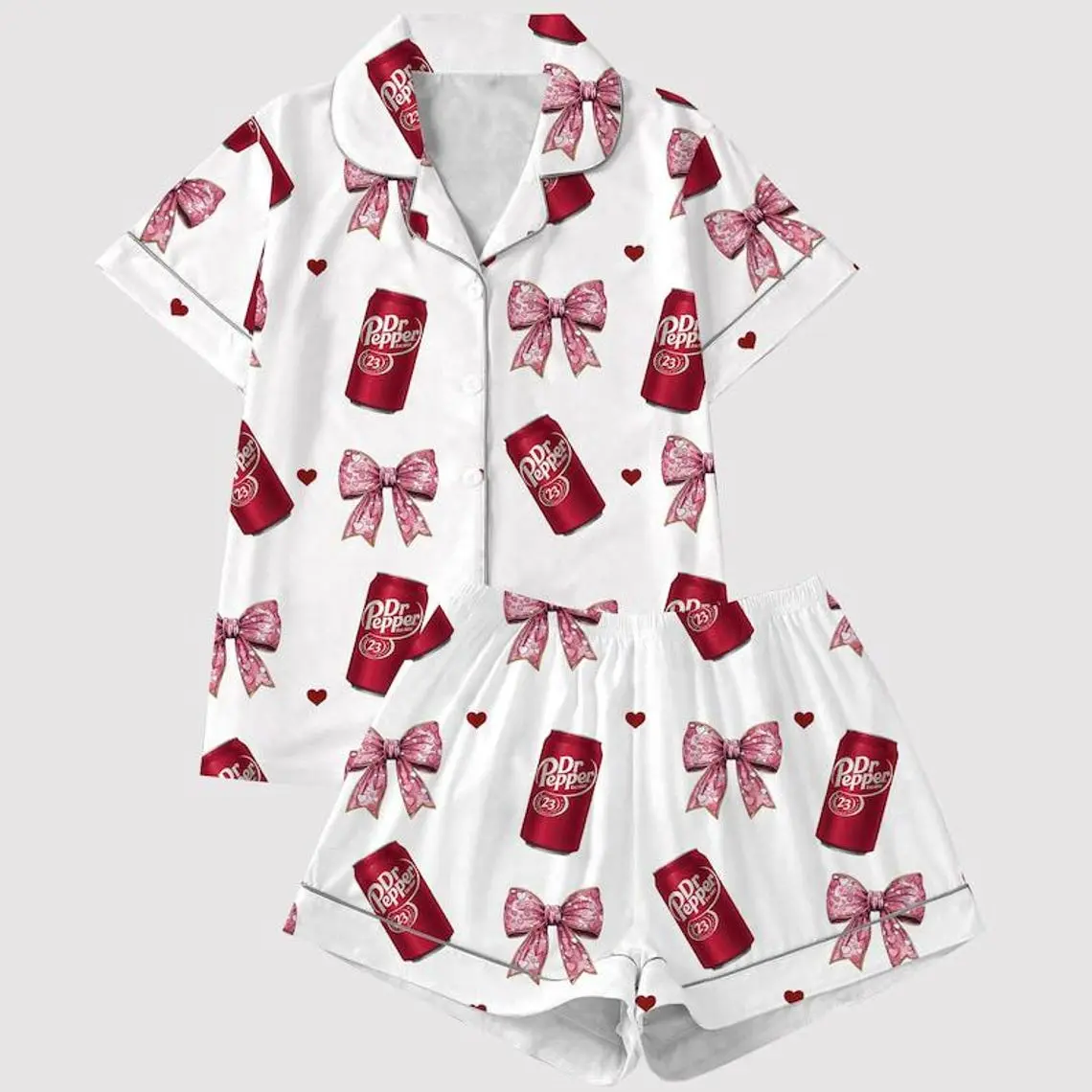 Soda Print Satin Pajama Set – Bow Pattern Button Down Sleepwear, Cute Women’s Loungewear, Gift for Her