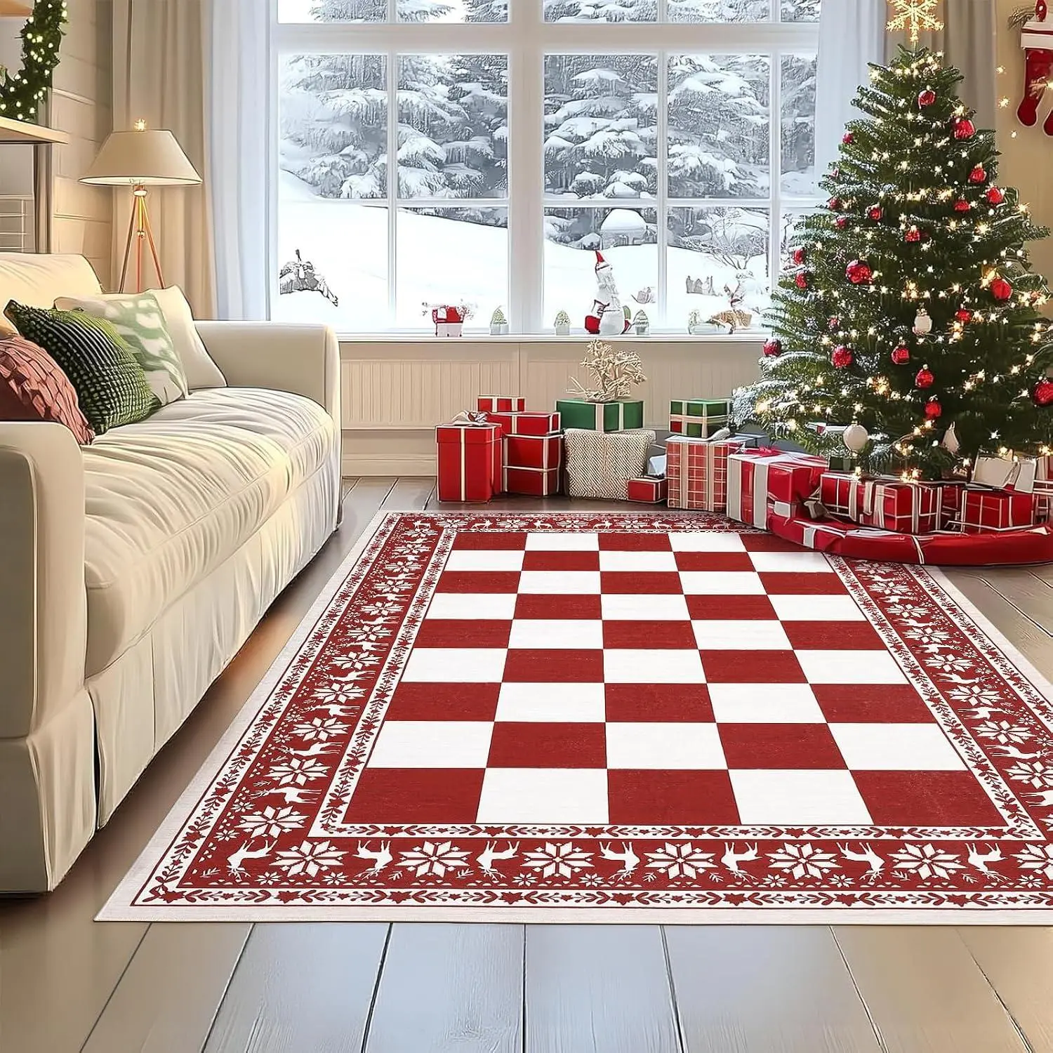 GARVEE 4x6 Rugs for Living Room, Checkered Christmas Rugs for Holiday Decor, Non Slip Low Pile Washable Rug for Kitchen, Entryway, Bedroom, Red