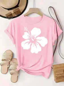 White Tropical-style Floral Print Women's Comfortable Casual Daily Round-neck Short-sleeve Fashion Sports T-shirt with Pattern Print, Fresh and Natural
