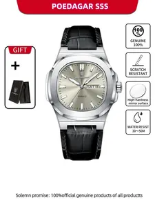 Men's Quartz Watch, Waterproof Design, Date & Day Display, PU Leather Band, Perfect Gift for Him, Sporty Style Timepiece, Casual Analog Watch