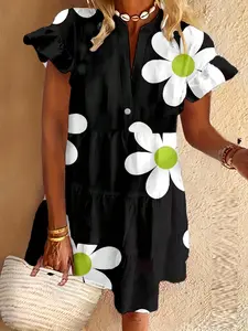 Ruffle Sleeve Floral Print Tunic Dress, Loose-Fitting Doll Top, Casual Style, All Season Wear, Women's Fashion Clothing
